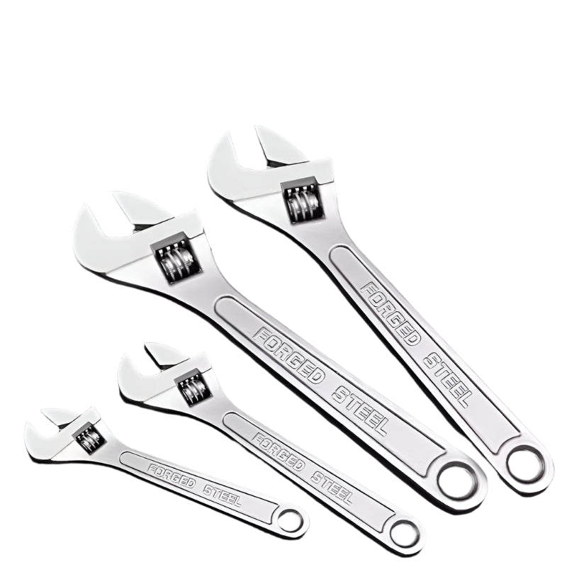 Set of multi-functional adjustable wrenches on a black background with text highlighting their features.