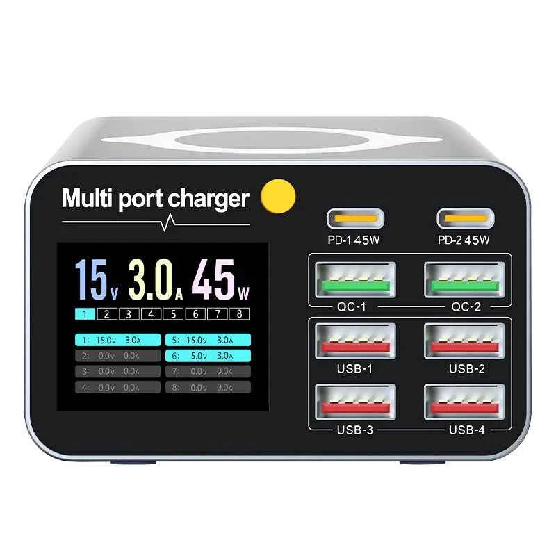 80W/120W 8-Port Charging Station | Digital Display USB-C Wireless Charger PD QC3.0 for Laptop Tablet Phone