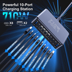 710W GaN 10-Port USB-C Charging Station | PD3.1 140W Fast Charger for MacBook iPhone Samsung