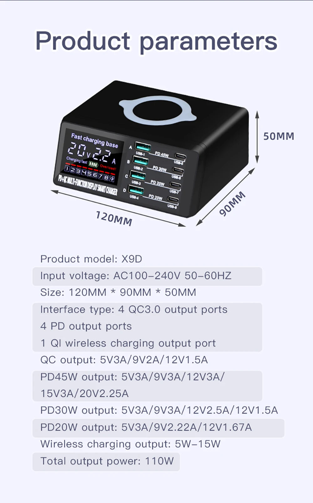 110W 8-Port USB Charging Station | 15W Wireless + PD 45W QC3.0 USB-C Fast Charger iPhone MacBook Samsung