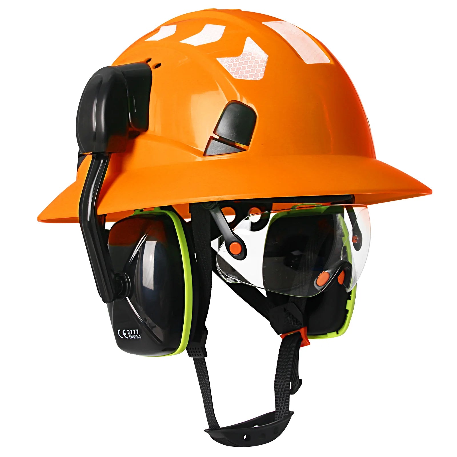 Full brim construction safety helmet with goggles, earmuffs and reflective stickers – image 9