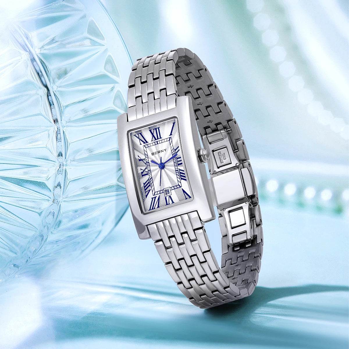 BERNY Square Quartz Watch for Women – Roman Numerals & Date Display - SnaggIt