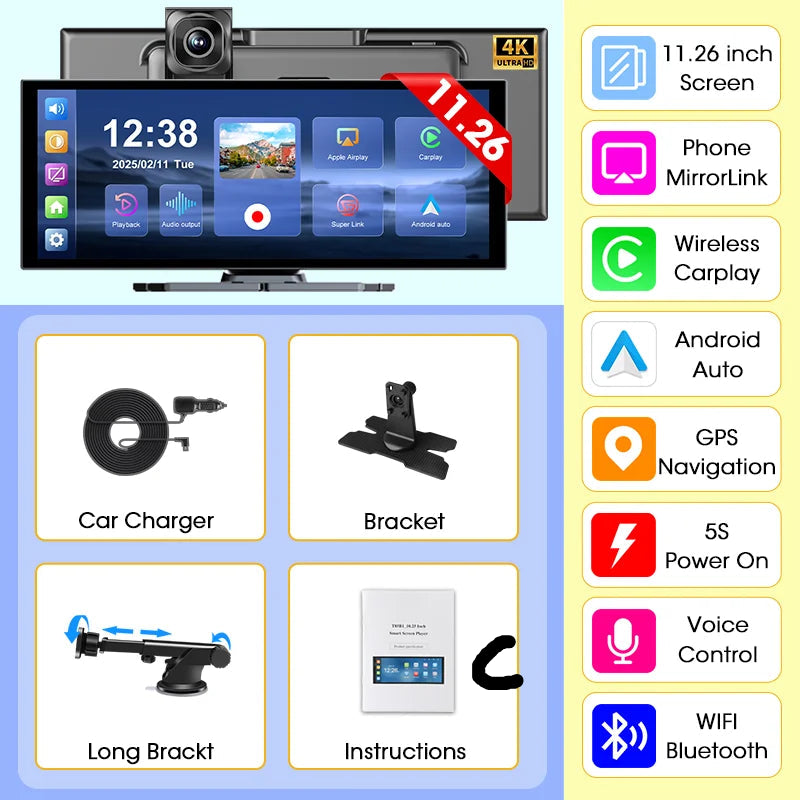 11.26" 4K Car DVR – Portable Dash Cam with Wireless CarPlay, Android Auto & 5G WiFi Navigation by Snagg A Car DVR