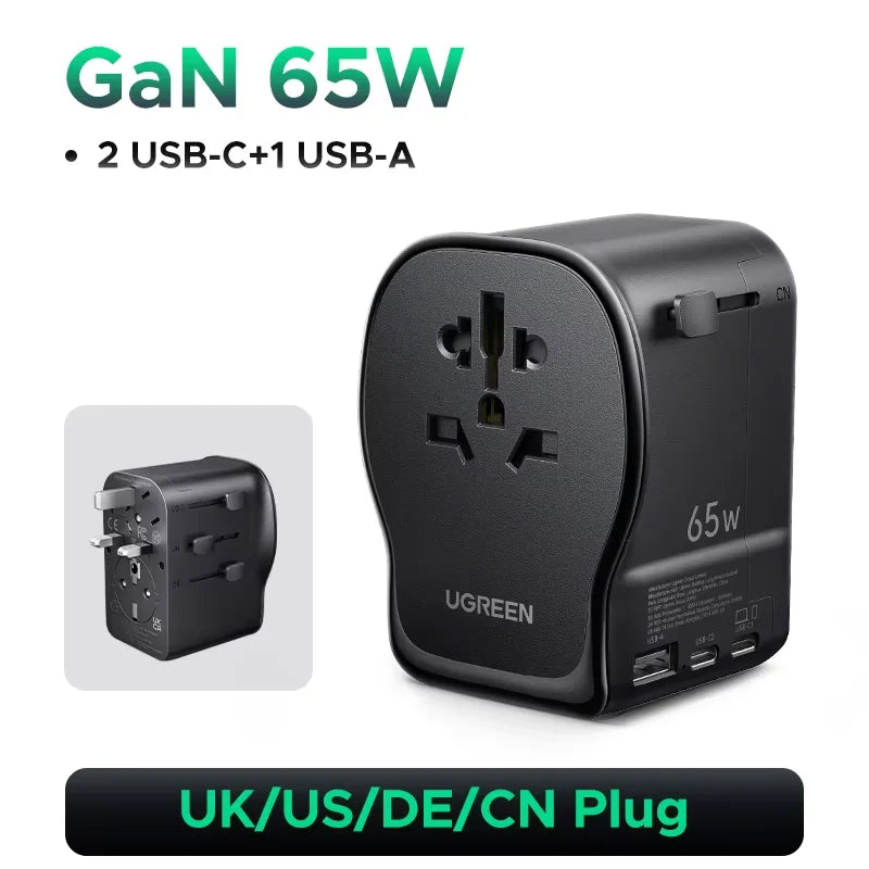 UGREEN 65W Universal Travel Adapter | GaN 2× USB-C 1× USB-A AC Socket CE FCC TÜV for EU US UK AU