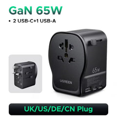 UGREEN 65W Universal Travel Adapter | GaN 2× USB-C 1× USB-A AC Socket CE FCC TÜV for EU US UK AU
