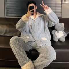 Men's Coral Fleece Pajama Set | Thickened Flannel Double-Breasted Long Sleeve Couple Sleepwear