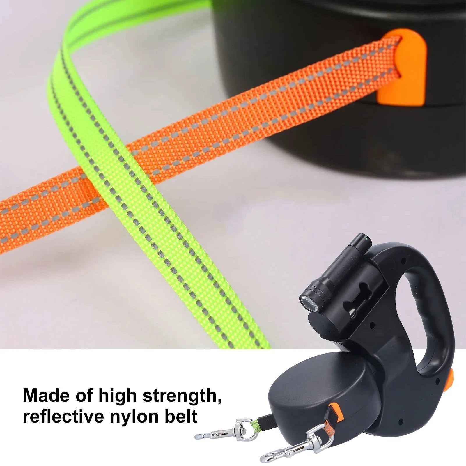 Retractable Double Dog Leash 1-to-2 – Automatic Lead with Built-In Flashlight & Bag Dispenser