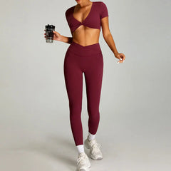 Women's 2-Piece Short Sleeve Yoga Suit | Quick-Dry Gym Tracksuit Running Workout Sports Set