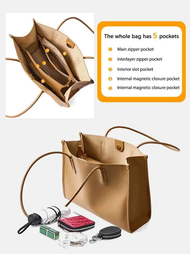 Genuine Leather Large Capacity Tote Bag – Women's Shoulder Purse & Shopper for Work & Daily Carry