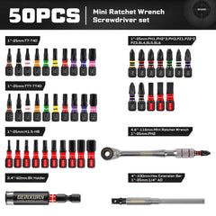 Mini Ratchet Wrench Set 33pcs | 1/4" Adapter S2 Steel Magnetic Screwdriver Bits Colour-Coded Base