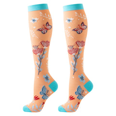 6 Pack Compression Socks — Floral & Butterfly Design, Knee-High Support for Sports & Nurses