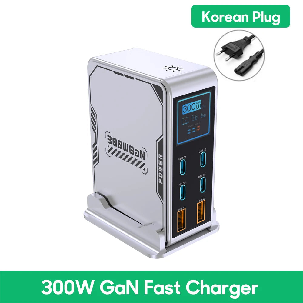 300W GaN Charger USB Type C 6-Port Digital Display by Snagg A Charging Station