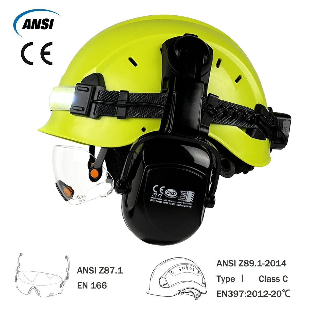 Construction safety helmet with LED light strip, goggles and earmuffs – image 6