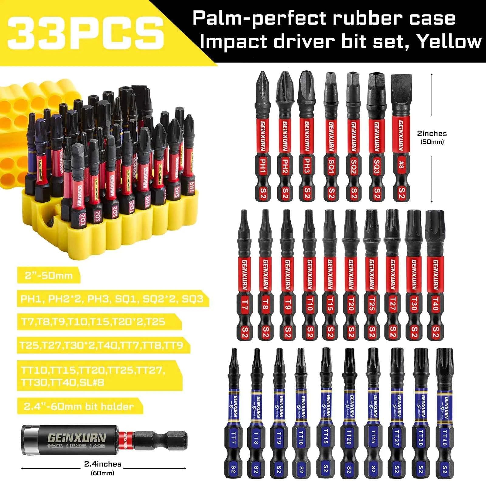33PCS Impact Screwdriver Bits Set, 2” Magnetic (PH/SQ/Torx/Hex/Slotted) S2 Steel Bits with Bit Holder & Soft Base