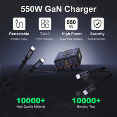 550W 7-in-1 GaN Charging Station | 100W Retractable USB-C Cable Fast Charger Laptop Phone Tablet