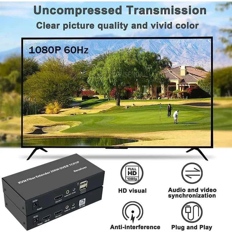 1080P HDMI Fiber KVM Extender 20KM – SC Fiber Cable USB KVM Optical Transceiver with Keyboard & Mouse Support