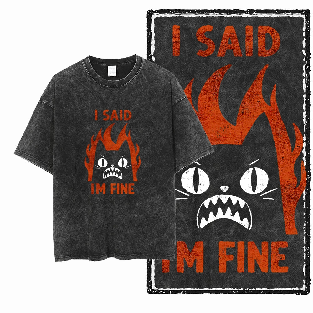 Acid Washed Cat Graphic Unisex T-Shirt | Cotton Streetwear Big Size Vintage Tee