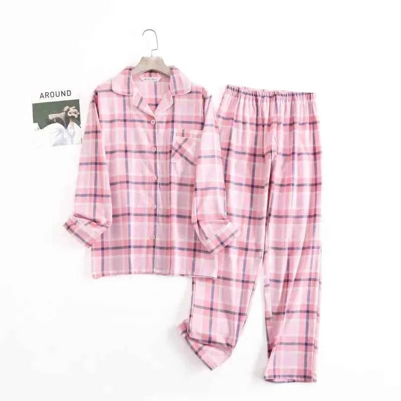 Women's Cotton Flannel Pajama Set | Plaid Long Sleeve Long Pants Loose Autumn Winter Sleepwear