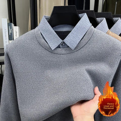 Men’s "Fake Two-Piece" Thermal Pullover | Winter Thickened Fleece-Lined Top