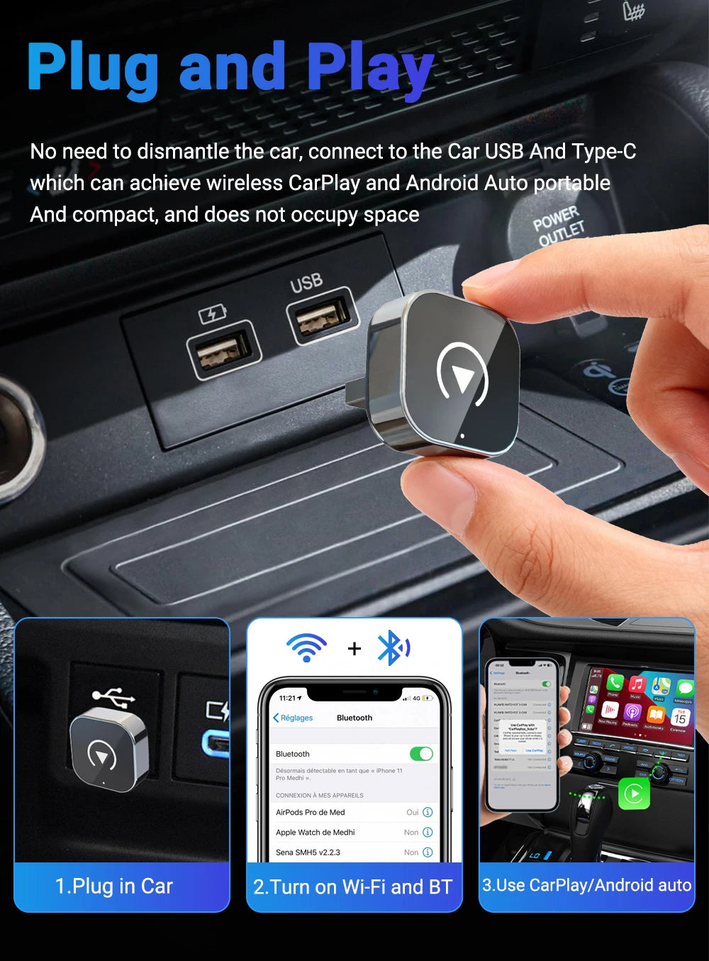 2 in 1 Wired to Wireless CarPlay & Android Auto Adapter – Smart Car Accessory - black