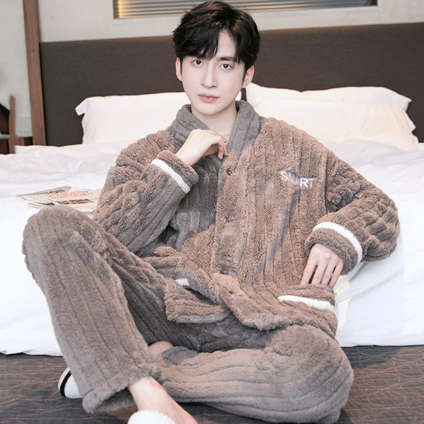 Men's Thickened Flannel Sleepwear Set | Coral Fleece Long Sleeve V-Neck Button Warm Loungewear