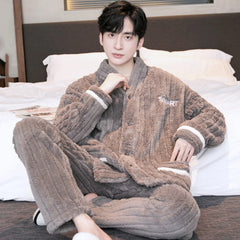Men's Thickened Flannel Sleepwear Set | Coral Fleece Long Sleeve V-Neck Button Warm Loungewear