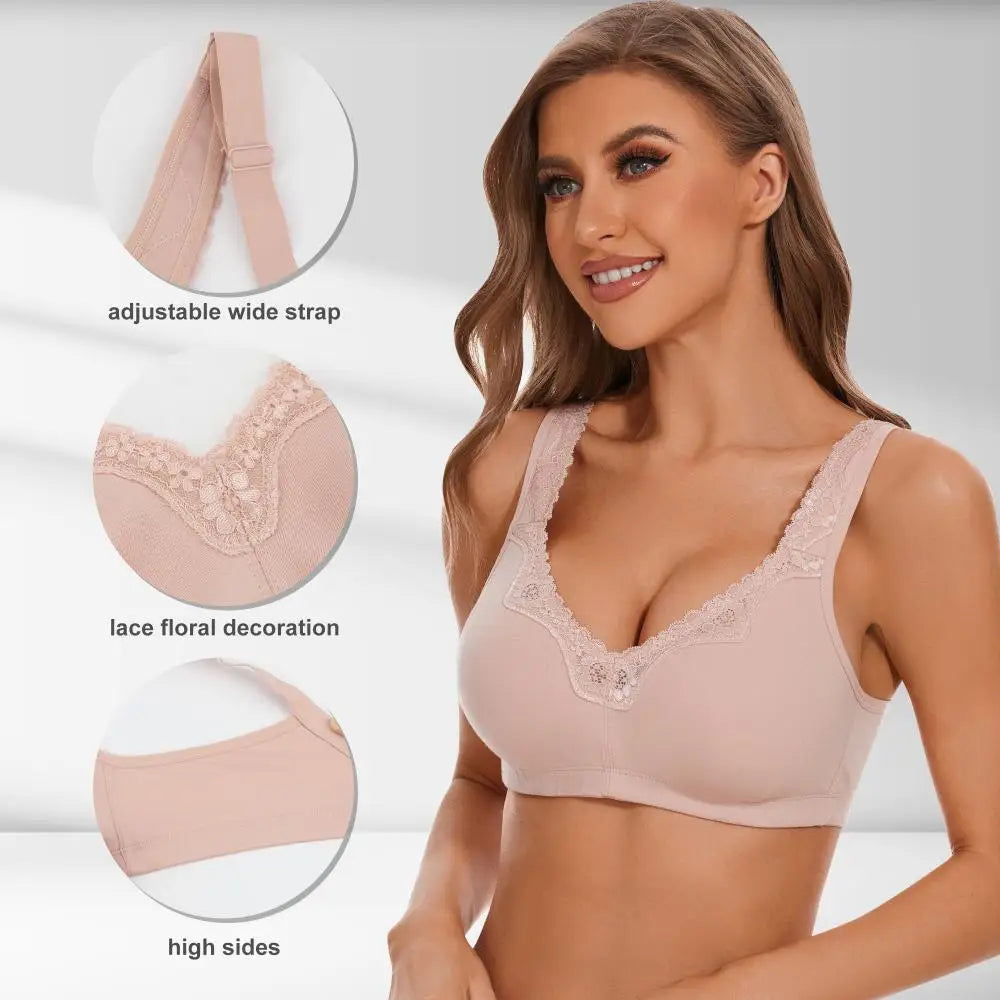 Plus Size Wire-Free Cotton Bra | Floral Lace Full Coverage Wide Strap Breathable