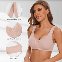 Plus Size Wire-Free Cotton Bra | Floral Lace Full Coverage Wide Strap Breathable