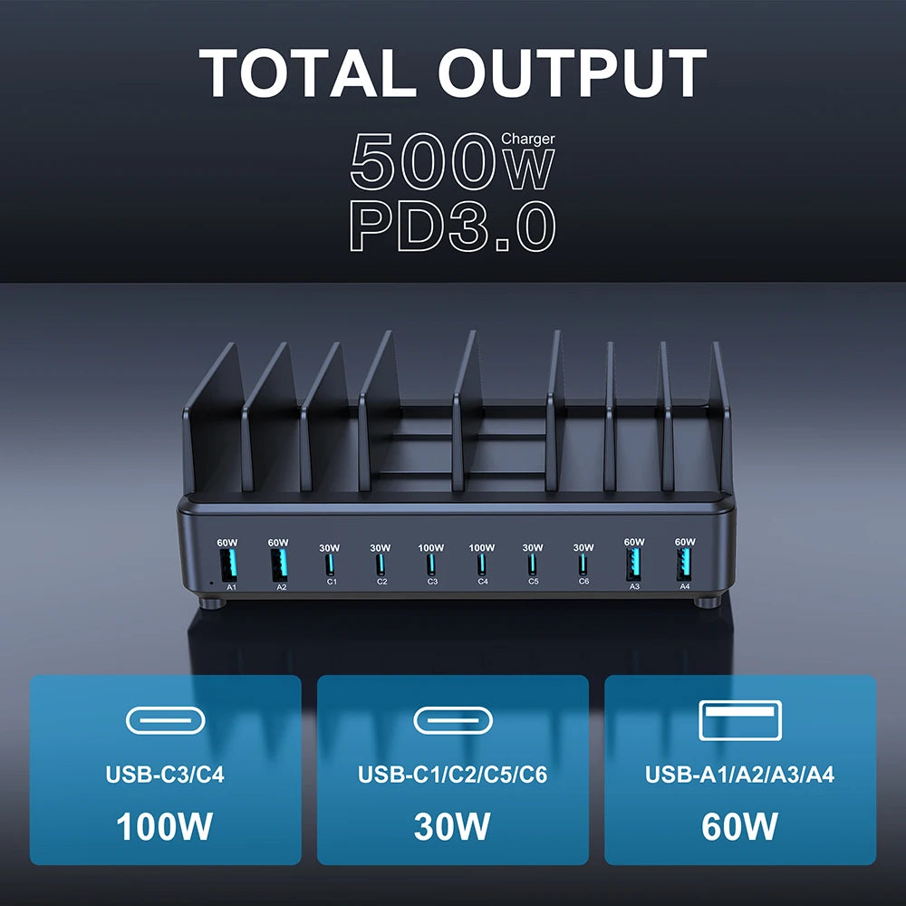 500W USB C Charger 10 Ports GaN Charging Station Stand by Snagg A Charging Station