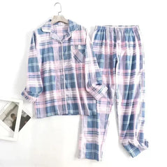 Women's Cotton Flannel Pajama Set | Plaid Long Sleeve Long Pants Loose Autumn Winter Sleepwear