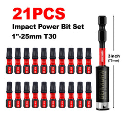 1" Impact Tough Magnetic T30 Torx Power Bits – S2 Alloy Steel, Star Screwdriver Bit Set