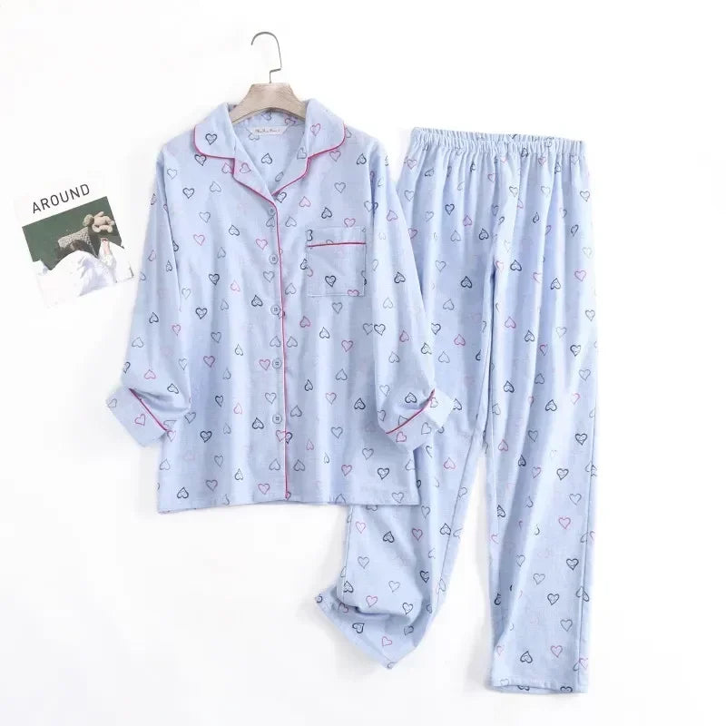 Women's Cotton Flannel Pajama Set | Plaid Long Sleeve Long Pants Loose Autumn Winter Sleepwear