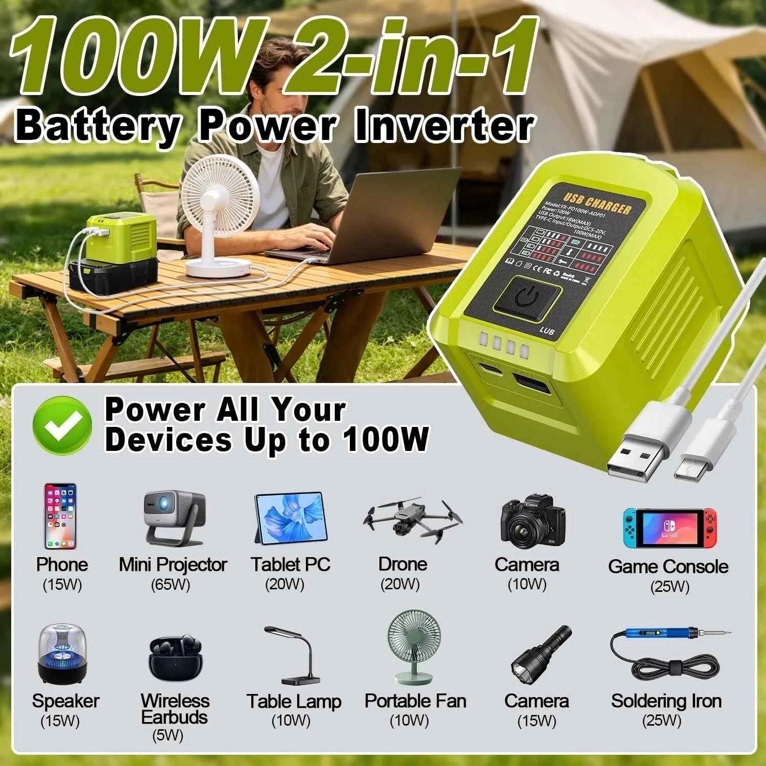 100W USB-C charger and power adapter for Ryobi 18V batteries – image 5