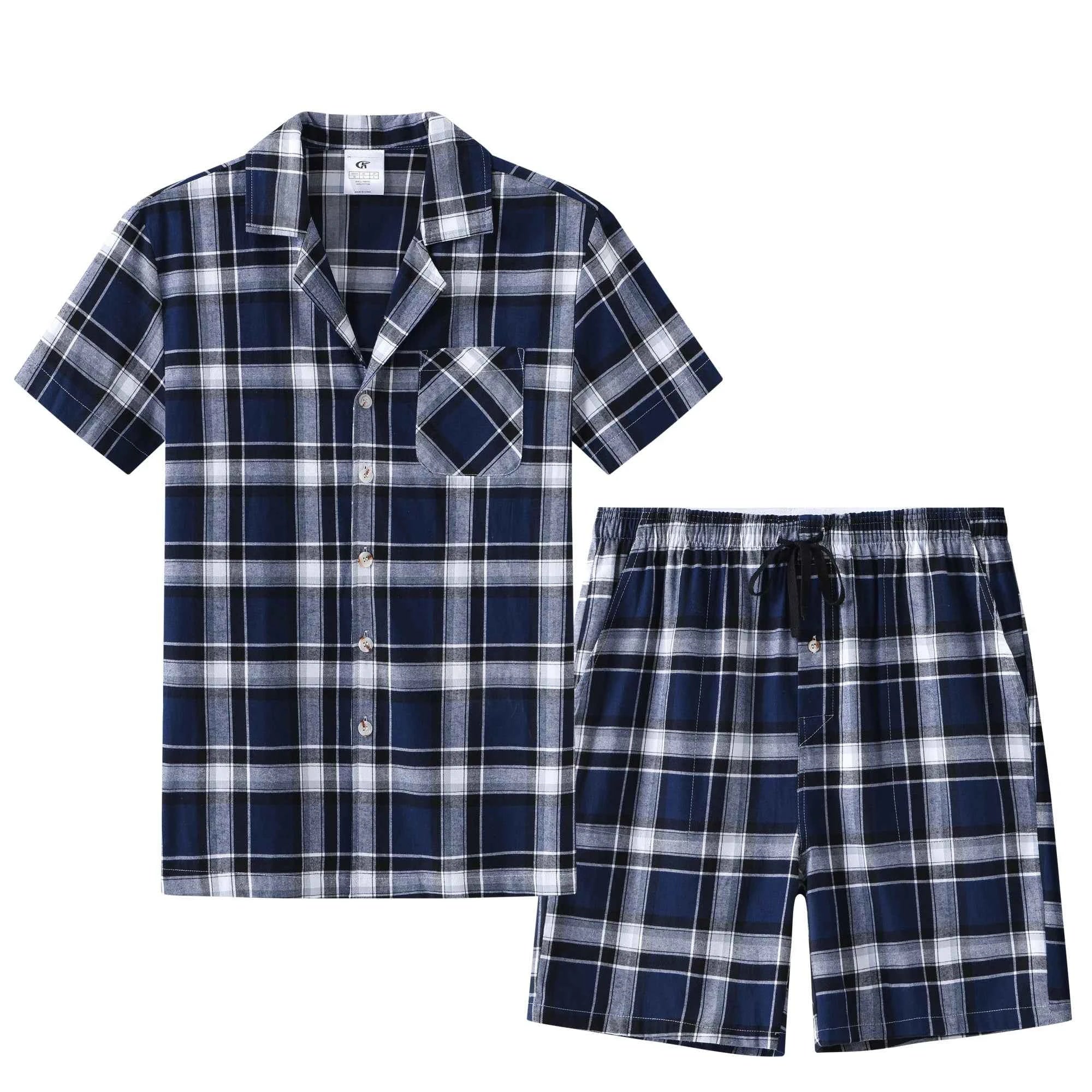Men's Cotton Short Pajama Set | 2-Piece Breathable Button Top & Elastic Shorts Summer Loungewear