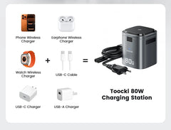 80W 6-in-1 GaN Charging Station | MagSafe 15W + PD 65W + Retractable 60W Cable Wireless Charger MacBook iPhone