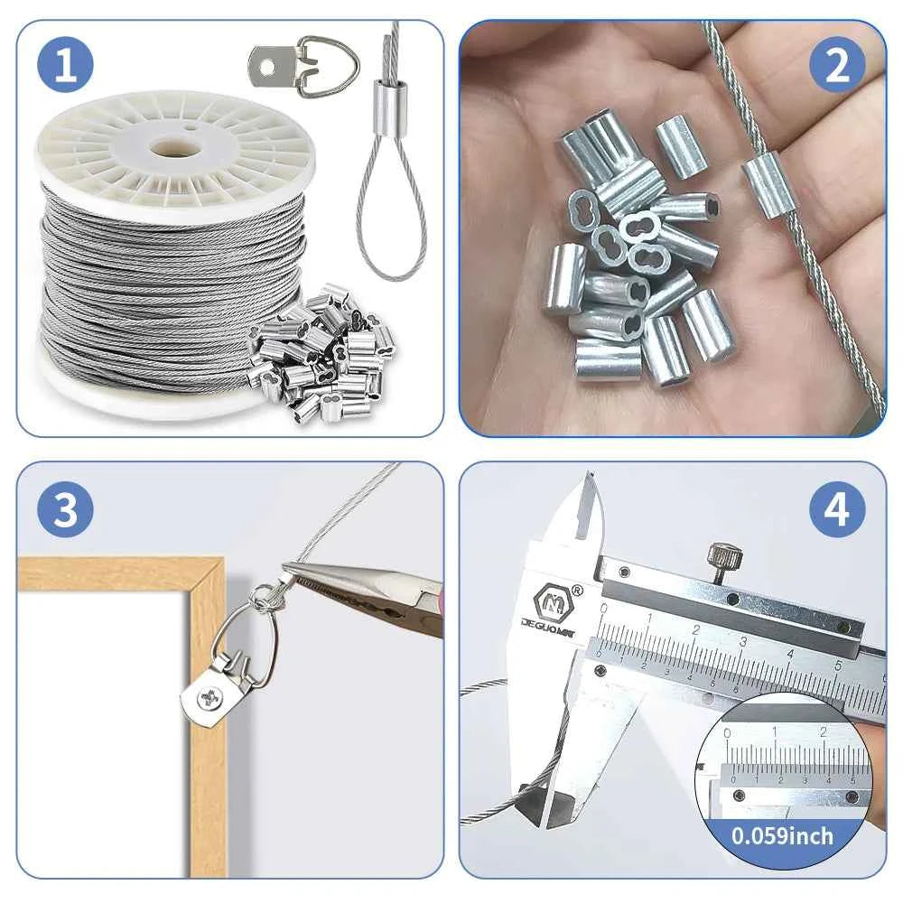 1.5mm 304 Stainless Steel Cable Suspension Kit | Picture Frame Hanging Wire Rope with Hardware