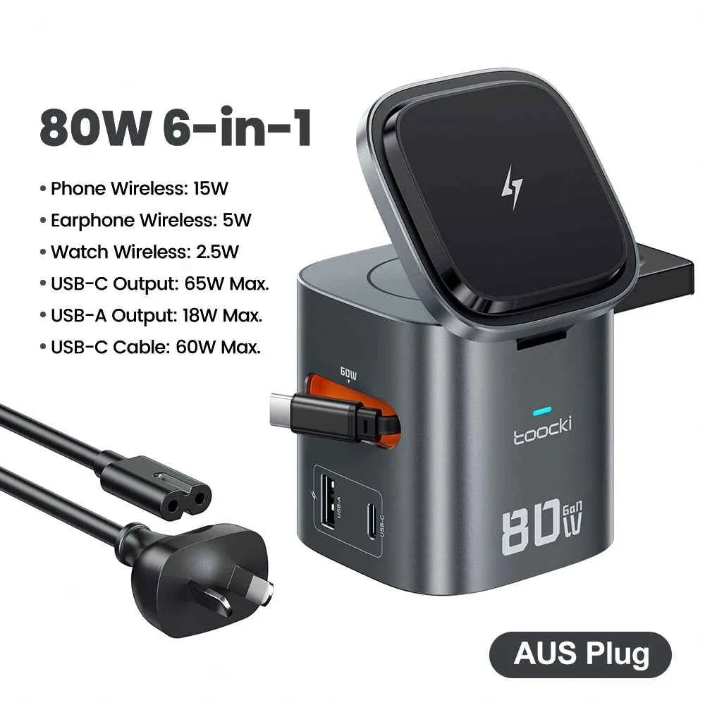 80W 6-in-1 GaN Charging Station | MagSafe 15W + PD 65W + Retractable 60W Cable Wireless Charger MacBook iPhone