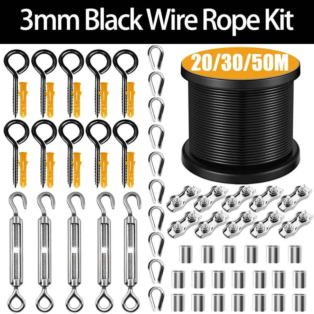 66pcs 3mm Black Stainless Steel Wire Rope Kit 20/30/50M | Heavy-Duty Balcony Railing Garden Farm Fence