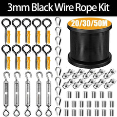 66pcs 3mm Black Stainless Steel Wire Rope Kit 20/30/50M | Heavy-Duty Balcony Railing Garden Farm Fence