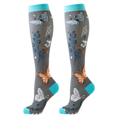 6 Pack Compression Socks — Floral & Butterfly Design, Knee-High Support for Sports & Nurses