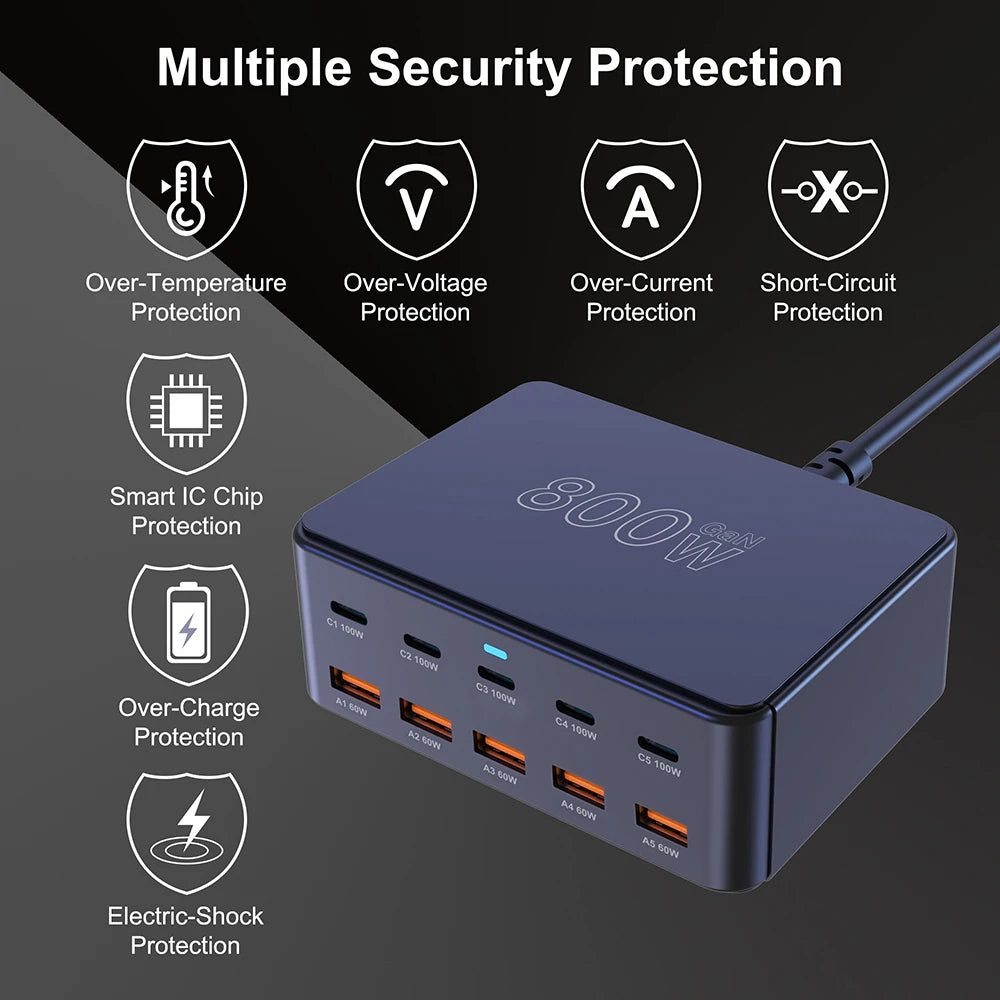 800W GaN 10-Port Fast Desktop Charging Station | USB-C PD Fast Charger iPhone Samsung MacBook Laptop
