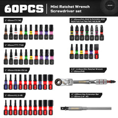 Mini Ratchet Wrench Set 33pcs | 1/4" Adapter S2 Steel Magnetic Screwdriver Bits Colour-Coded Base