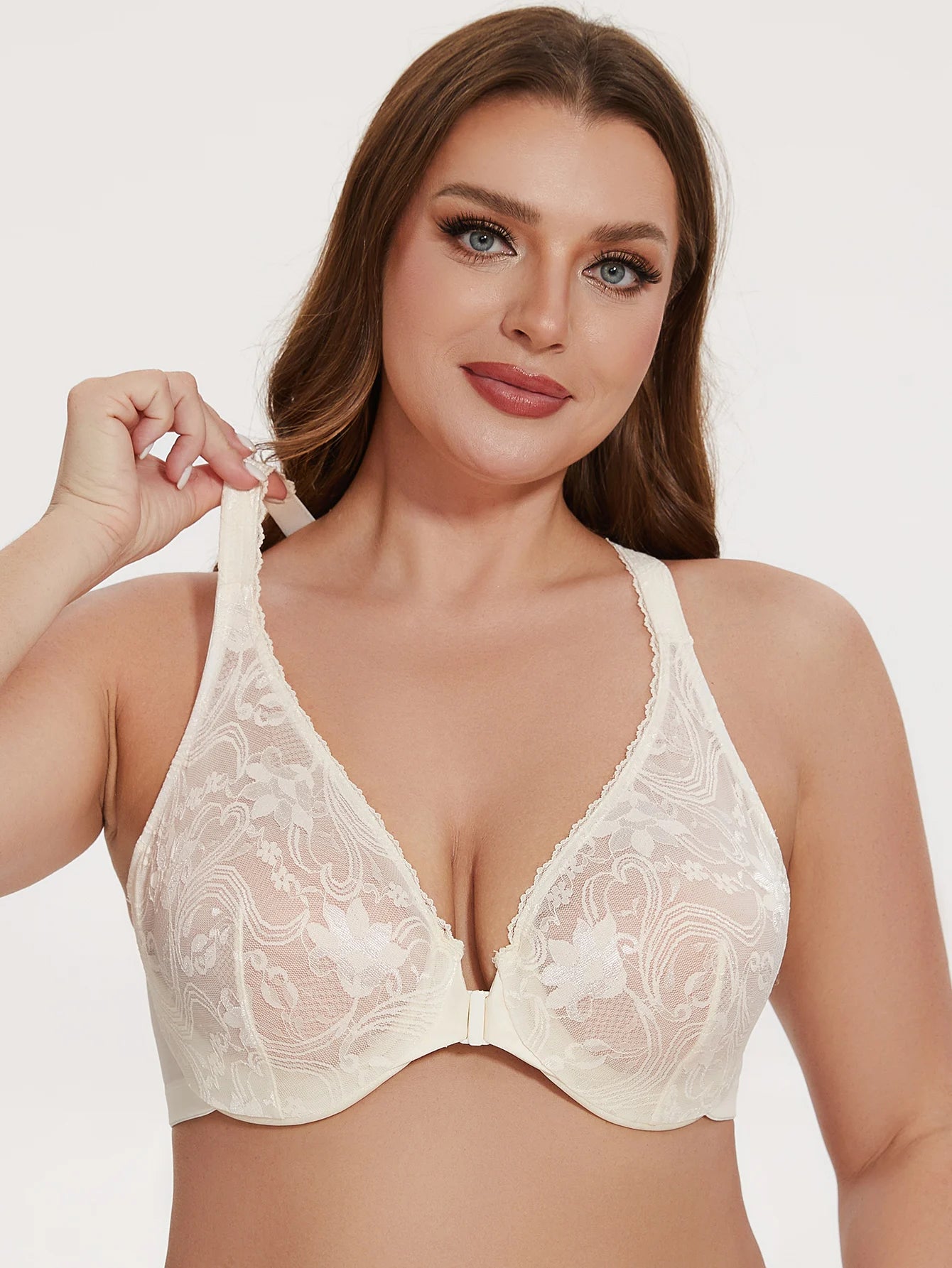 Plus Size Front Closure Racerback Bra | Lace Underwire Unlined Full Coverage