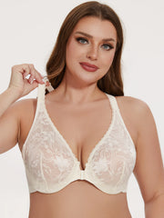 Plus Size Front Closure Racerback Bra | Lace Underwire Unlined Full Coverage