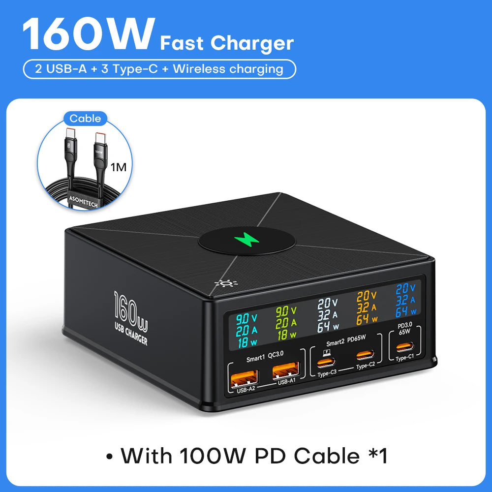 160W 5-Port USB Charging Station | 15W Wireless + 65W PD + QC3.0 Fast Charger iPhone MacBook Samsung