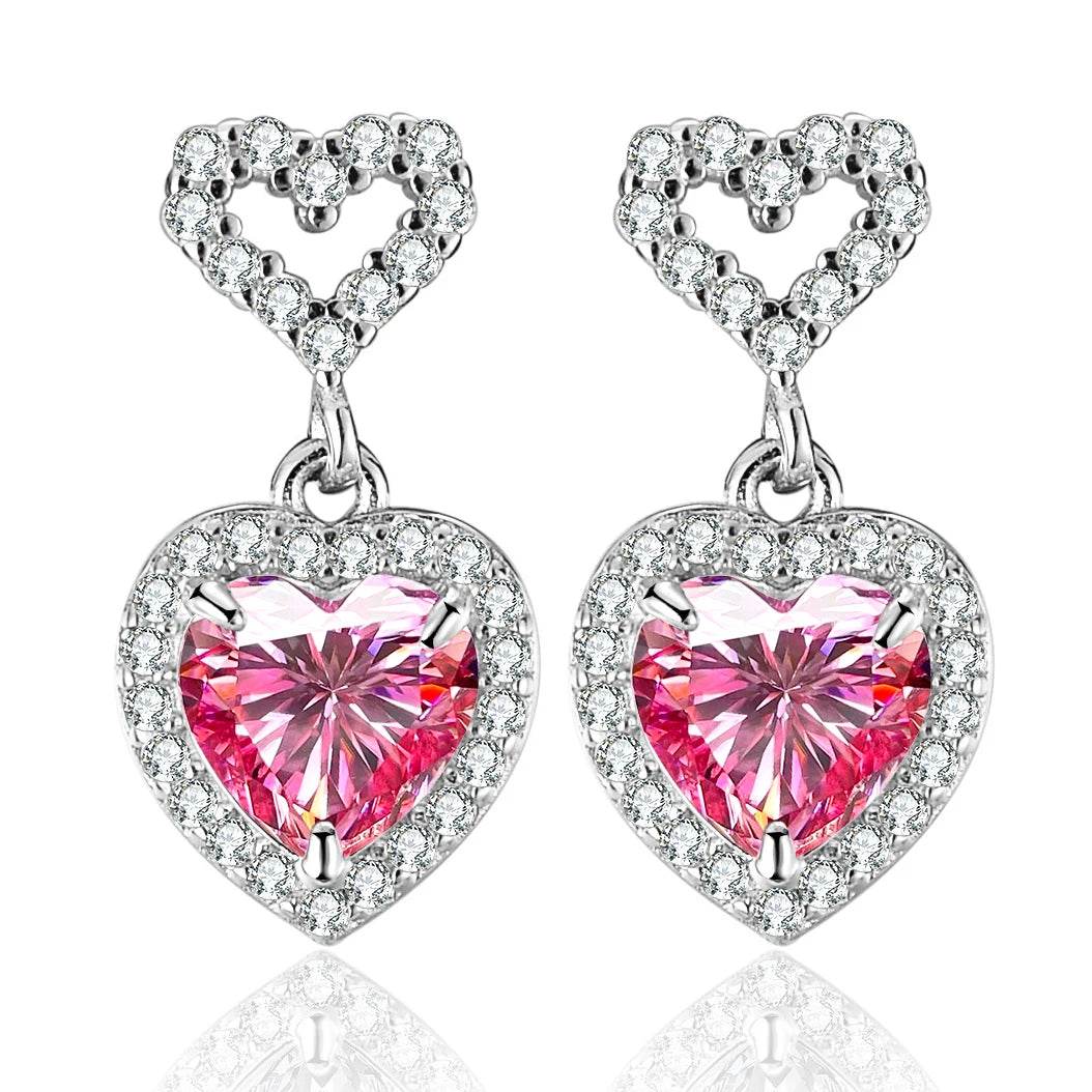 2CT Pink Heart Moissanite Drop Earrings - SnaggIt