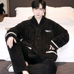Men's Thickened Flannel Sleepwear Set | Coral Fleece Long Sleeve V-Neck Button Warm Loungewear