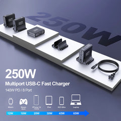 250W GaN 8-Port USB-C Desktop Charger | PD3.1 Fast Charging Station for iPhone Samsung Laptop