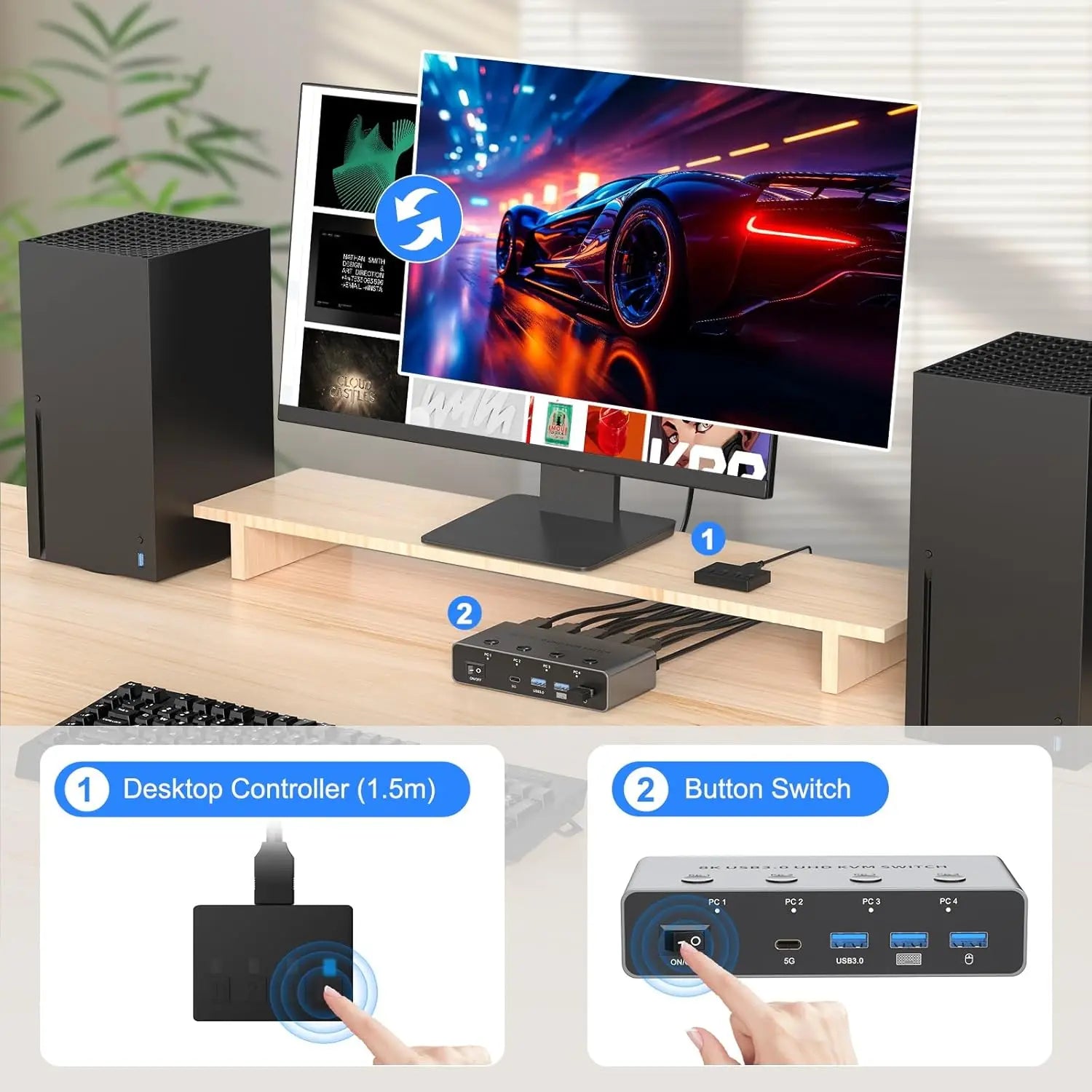 8K@60Hz / 4K@120Hz HDMI 2.1 KVM Switch – 4 PC, USB 3.0, Share Monitor, Keyboard, Mouse & Printer