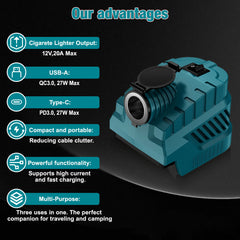 Industrial 240W Step Down Converter | 12V DC Vehicle Refrigerator Power Supply & USB Hub Compatible With Makita 18V Battery